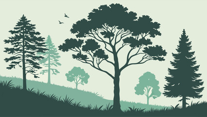 Minimalist Forest Silhouette Landscape Vector Illustration with Diverse Trees for Nature Conservation Eco-Friendly Web Design and Wellness