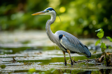 Obraz premium Generative AI image of elegant heron standing in calm forest water surrounded by trees and soft summer morning sunlight in nature