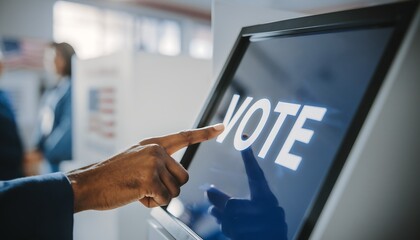 Person's hand tapping 'VOTE' on an electronic screen, representing the democratic election process.