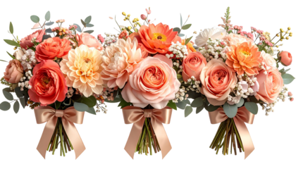 Three floral bouquets with varied peach and coral blooms, tied with elegant ribbons