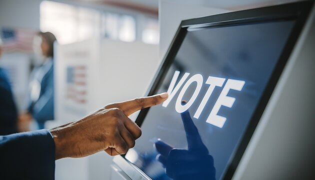 Person's hand tapping 'VOTE' on an electronic screen, representing the democratic election process.