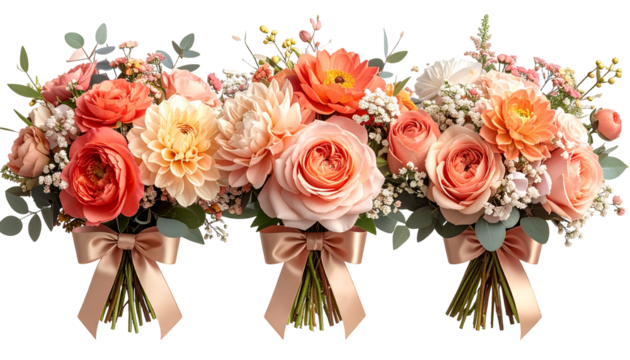 Three floral bouquets with varied peach and coral blooms, tied with elegant ribbons