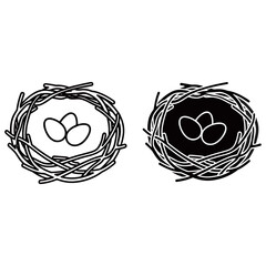 Two bird nests with eggs, one white and one black