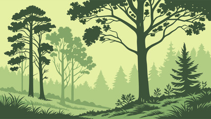 Obraz premium Green Forest Vector Landscape with Lush Trees for Environmental Design, Eco-Friendly Branding, Nature Websites, and Peaceful Spring Summer Backgrounds