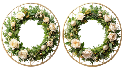 Two circular holiday wreaths with white roses, greenery, and gold accents