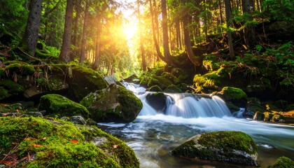 Sunlit forest stream cascades over mossy rocks, blurring the water's motion amidst towering trees