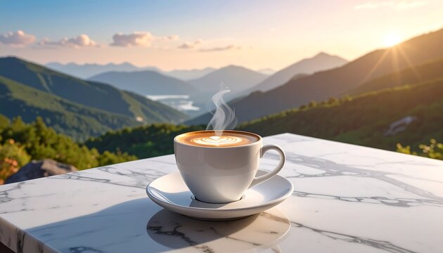 Steaming latte art sits on a marble surface against a mountain vista, bathed in golden sunlight