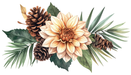 A watercolor floral arrangement features a central blossom with pine cones & leaves