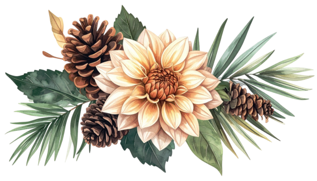 A watercolor floral arrangement features a central blossom with pine cones & leaves