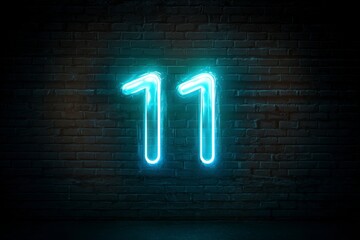 Neon Number Eleven Glow on Dark Brick Wall Background at Night