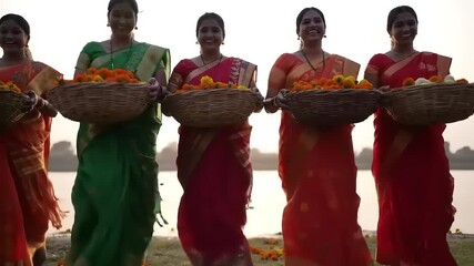 Women with flowers by water with sunset light.