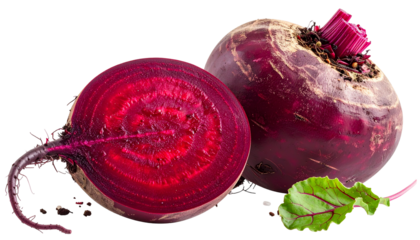 A vibrant, close-up image of a beet, one half sliced, showing texture
