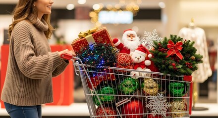 Woman Shopping for Christmas Decorations in Festive Holiday Store