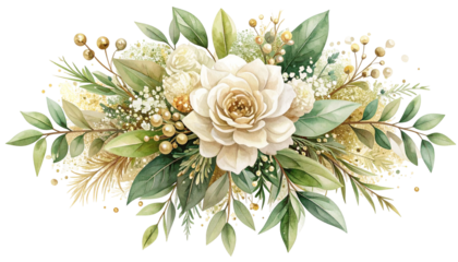 Watercolor floral arrangement with creamy white roses, green foliage, and gold accents
