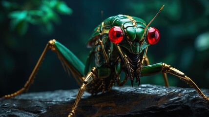 Dramatic, low-angle close-up of a vibrant green insect (like a mantis or grasshopper) with striking red compound eyes on dark rock in a deep jungle.