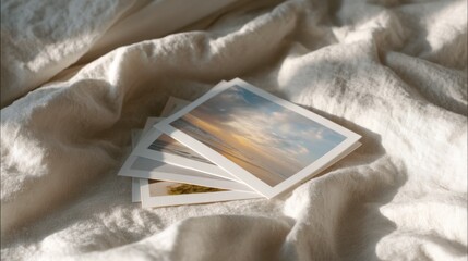 printed photos on linen – calm nostalgia in soft sunlight, minimal still life capturing travel memories on rumpled fabric, ideal for lifestyle storytelling, mood boards, and print
