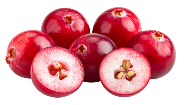 Close-up of glossy red berries, some halved, revealing interior structure