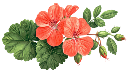 Vivid, detailed botanical illustration of vibrant coral-colored flowers and lush foliage
