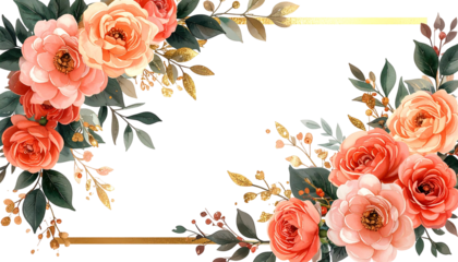 Floral arrangement of peach and red roses around a gold-framed black center