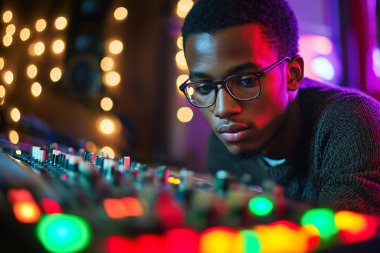 Professional sound engineer adjusting audio mixer in music production studio with vibrant neon lights generative ai