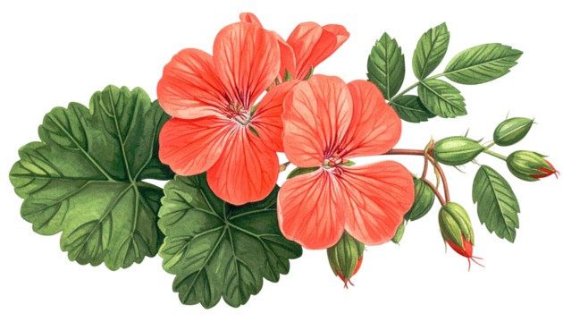 Vivid, detailed botanical illustration of vibrant coral-colored flowers and lush foliage