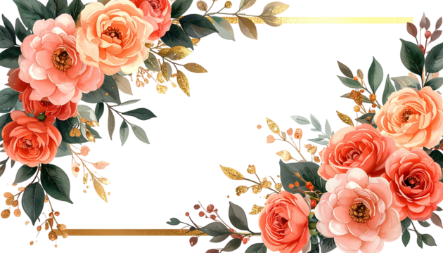 Floral arrangement of peach and red roses around a gold-framed black center