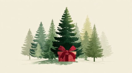 Gift Under the Pine Forest: A Warm Holiday Scene With A Red Present And Tall Evergreen Trees For Seasonal Stock Photo Use