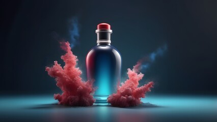Sleek Blue Glass Bottle with Red Cap Amidst Dynamic Pink Powder Explosion and Teal Glow