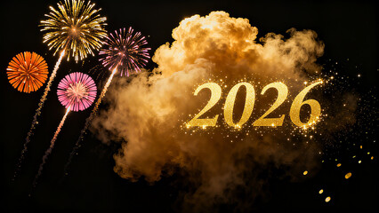 Fireworks and 2026, New Year's celebrations, bidding farewell to the old and welcoming the new with hope and outlook, New Year event promotion, New Year's Eve celebration materials.
