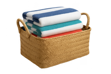 Folded colorful beach towels in wicker basket