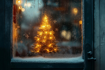 Generative ai image of glowing christmas tree seen through frosty winter window creating cozy festive holiday mood