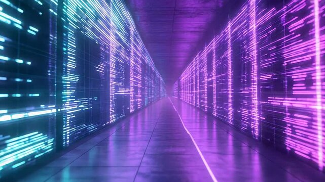 Server room displaying flowing code and data bytes