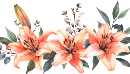 Watercolor arrangement of three peach lilies with leaves, buds, and cotton