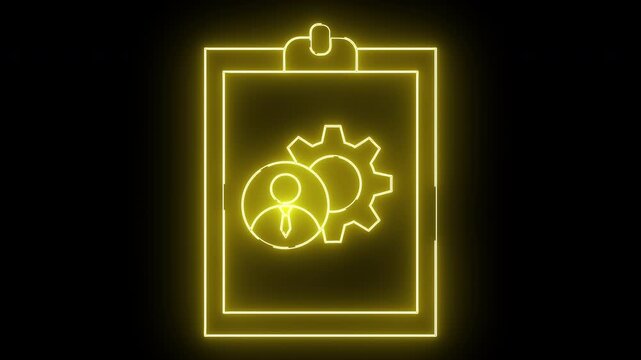 Neon clipboard icon with person and gear symbols glowing yellow against a black backdrop
