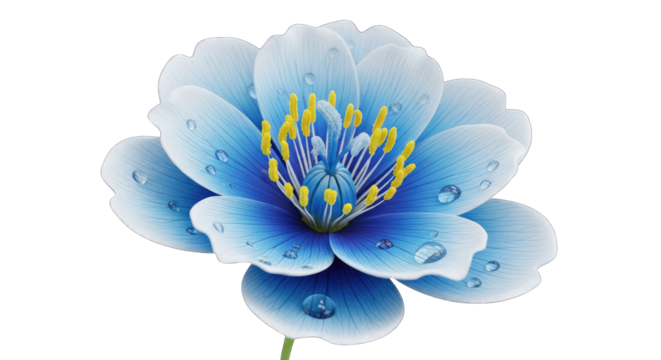 Detailed macro view of a luminous blue flower with dew drops and yellow stamen centered against a transparent background vibrant petals and delicate texture