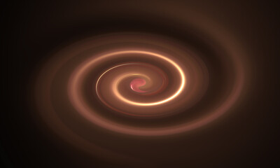 Abstract glowing spiral on dark background. Luminous golden brown swirl with soft light effect. Hypnotic circular pattern with warm ethereal glow and motion.