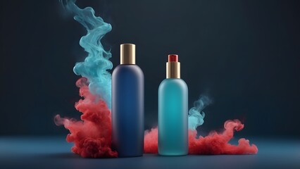 Elegant Blue and Teal Cosmetic Bottles with Golden Caps Highlighted by Dynamic Red and Cyan Smoke on a Dark Studio Background.