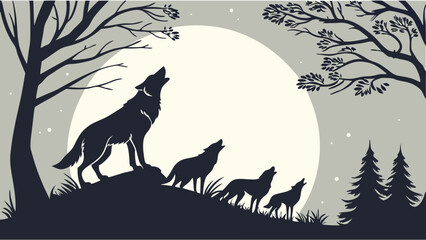 Silhouetted Wolves Howling at Full Moon in Dark Forest Night. Wild Nature Pack Unity and Mystery for Wildlife, Adventure, and Team Themes.