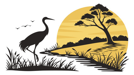 Vector Silhouette of Crane Standing by Lake at Sunset. Peaceful Nature Landscape with Reeds and Tree for Web Design, Travel, Wellness