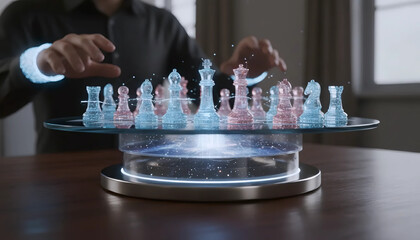 Virtual Chess Game, Holographic Chessboard, Futuristic Game Design
