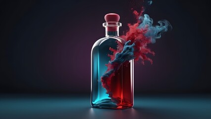 Dynamic Red and Blue Ink Explosion in a Glass Bottle with Vibrant Liquid Swirls on Dark Background