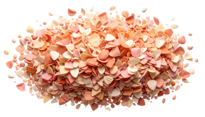 Pile of small, heart-shaped, multi-toned paper confetti on a black background