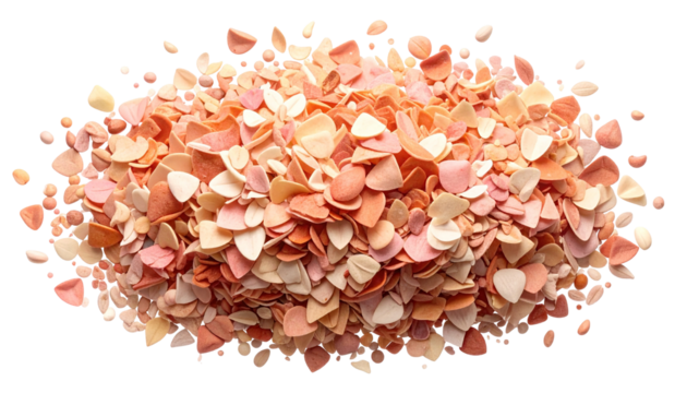 Pile of small, heart-shaped, multi-toned paper confetti on a black background