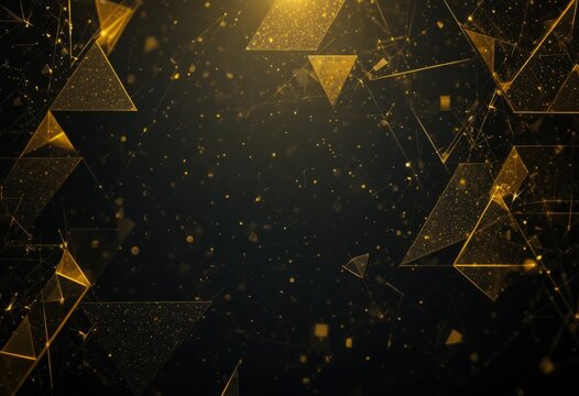Fondo tecnológico abstracto amarillo oscuro con triángulos, líneas de profundidad y textura de grano metálico. Degradado de luz y sombra