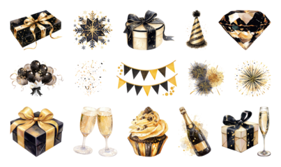 PNG Elegant gold black celebration icons, element set on transparent background