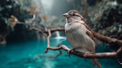 Obraz premium A small bird rests gracefully on a thin branch, surrounded by vibrant greenery and a shimmering blue lake. Sunlight filters through the trees, creating a magical atmosphere