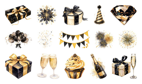 PNG Elegant gold black celebration icons, element set on transparent background - Powered by Adobe