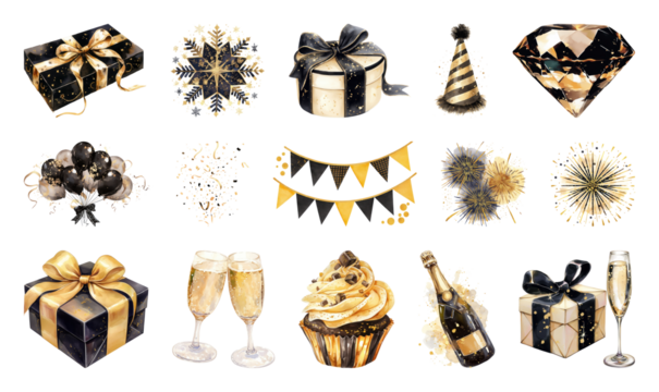 PNG Elegant gold black celebration icons, element set on transparent background