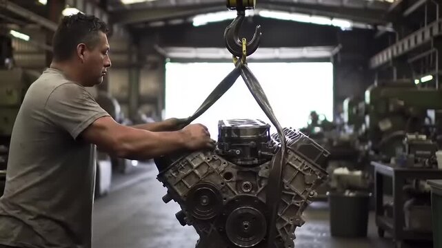 Worker Handling Engine Block in Workshop.