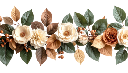 Floral border of ivory, gold, brown blossoms & green, brown leaves